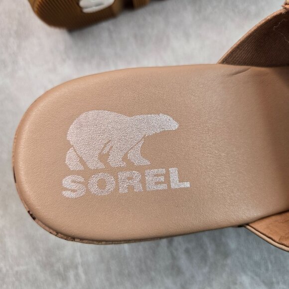Sorel Platform Sandals Size 10.5 Tan Leather Open Toe Chunky Cork Wedge Slides - Picture 10 of 10